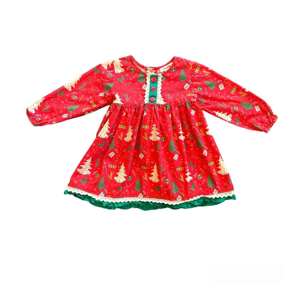 Sweetdil red Christmas tree print dress with crochet lace trim sz 2